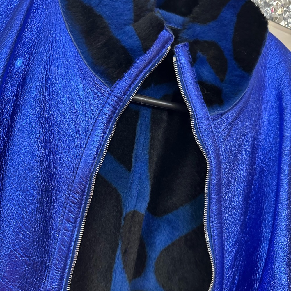 Metallic animal print in vibrant Blue real fur and leather vest